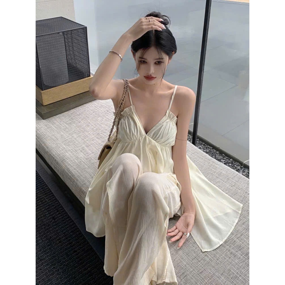 Set Áo 2 Dây Cúp Ngực Form Babydoll Xòe Dài Kèm Quần Suông Rộng Xẻ Tà Đi Biển SAN Clothings - P106