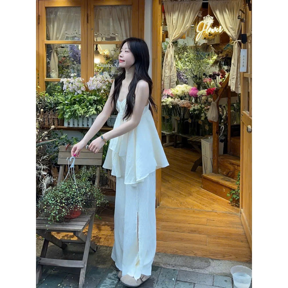 Set Áo 2 Dây Cúp Ngực Form Babydoll Xòe Dài Kèm Quần Suông Rộng Xẻ Tà Đi Biển SAN Clothings - P106