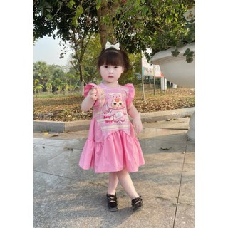 V01 Váy bé gái hoạ tiết baby three hot hit sz 10-30kg, đầm bé gái cộc tay  xinh xắn 2 màu hồng tím
