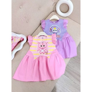 V01 Váy bé gái hoạ tiết baby three hot hit sz 10-30kg, đầm bé gái cộc tay  xinh xắn 2 màu hồng tím