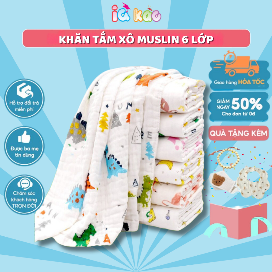 Ảnh Khăn Tắm Muslin 6 Lớp Cho Bé IQKAO – Khăn Ủ, Choàng Đa Năng, Size 110x105cm, Mềm Mại, Thoáng Mát, An Toàn Cho Bé KT61 1