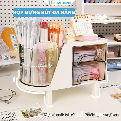 Hộp Bút Để Bàn 2in1 Có Ngăn Kéo – Ống Đựng Bút Xoay 360 Tiện Lợi, Dùng Cho Văn Phòng Học Tập