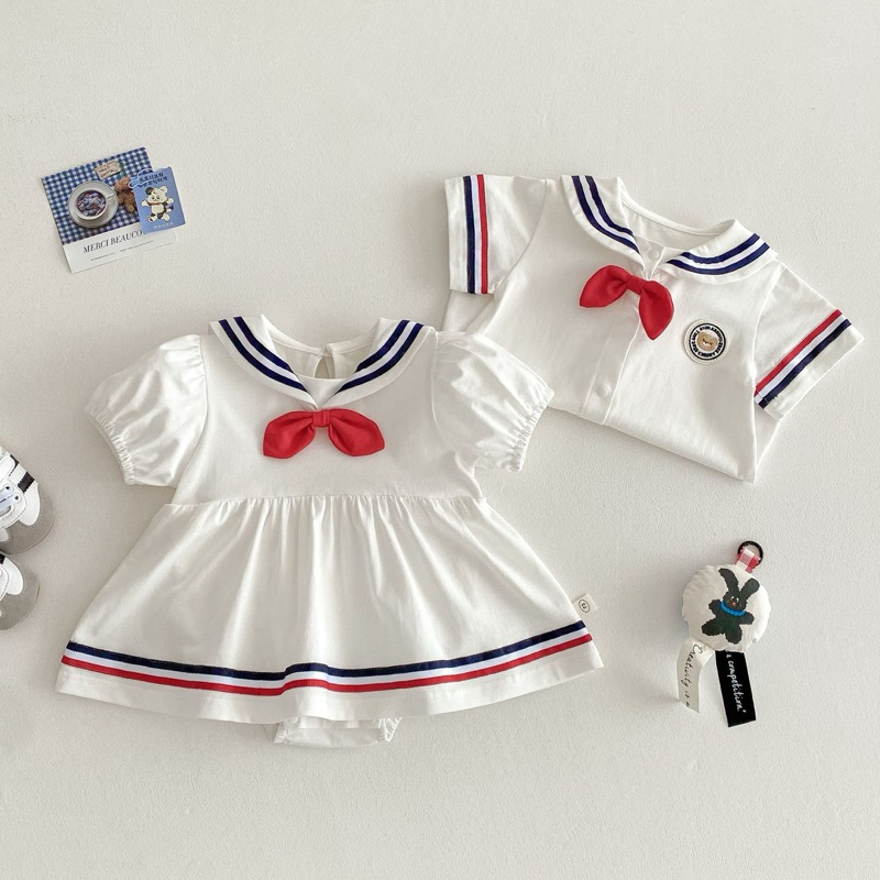 (Order) Váy suit hoạ tiết thuỷ thủ màu trắng phong cách Hàn Quốc dành cho bé trai - bé gái