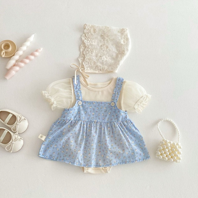 (Sẵn size 73) Áo suit kèm váy yếm xanh dương hoa nhí mỏng mùa hè dành cho bé gái