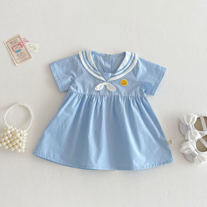 (Order) Váy xoè cổ thuỷ thủ hoạ tiết hoa nhí, màu xanh. Vải thô mỏng phù hợp mùa hè dành cho bé gái