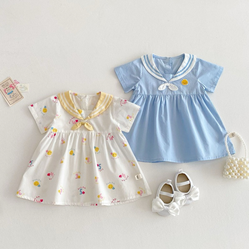 (Order) Váy xoè cổ thuỷ thủ hoạ tiết hoa nhí, màu xanh. Vải thô mỏng phù hợp mùa hè dành cho bé gái