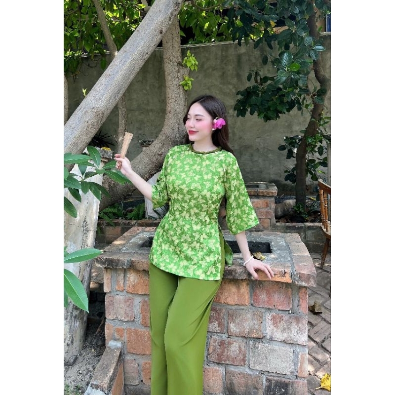 Đồ bà ba gấm cổ bính đính ngọc đi lễ chùa