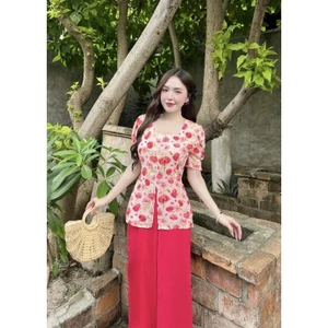 Đồ bà ba tay búp họa tiết hoa cổ vuông đi lễ chùa