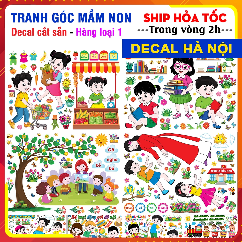 Decal mầm non cắt sẵn trang trí lớp học cho trẻ, tạo góc học tập sinh động và đẹp mắt.