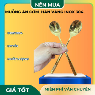 Set 2 muỗng vàng hàn bầu  ăn cơm cán dài inox 304 bản dài 20.4 x 4 cm  - Muỗng Cán Dài