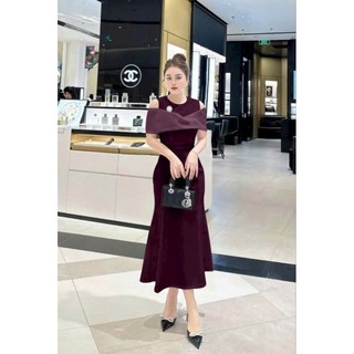 Đầm váy dự tiệc trung niên đuôi cá cổ choàng kèm phụ kiện sang trọng hàng cao cấp