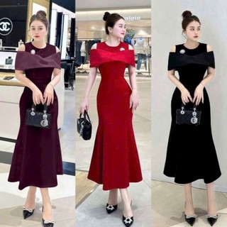 Đầm váy dự tiệc trung niên đuôi cá cổ choàng kèm phụ kiện sang trọng hàng cao cấp
