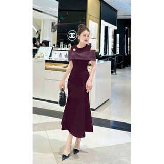 Đầm váy dự tiệc trung niên đuôi cá cổ choàng kèm phụ kiện sang trọng hàng cao cấp