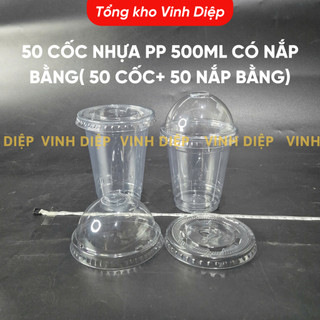 50 cốc nhựa PP 500ml, cốc 1 lần chịu nhiệt, cốc chè,trà sữa,sinh tố , cháo có nắp bằng
