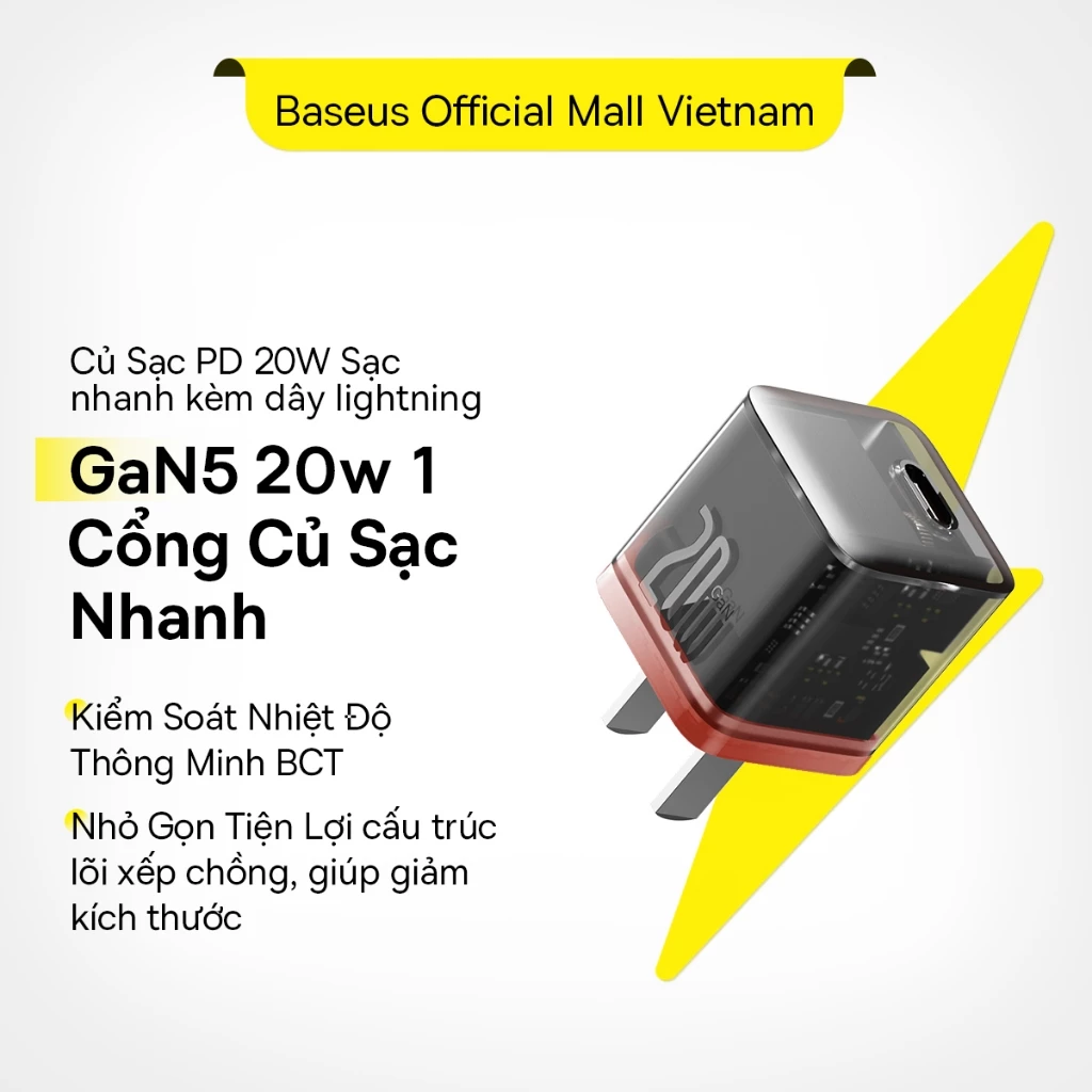 Baseus Củ Sạc Bộ Cáp Nhanh PD 20W GaN 5 Sạc điện cho Không Nóng Máy An Toàn Ổn Định