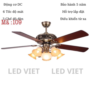 [TẶNG BỘ MÓC TREO-LÕI ĐỒNG] Quạt trần đèn tân cổ điển 5 cánh gỗ có điều khiển từ xa,quạt trần phòng khách LED VIET