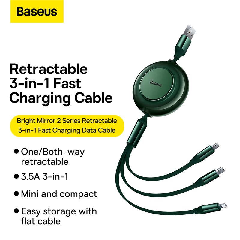 Cáp Sạc Baseus 3.5A 3 Trong 1 Đầu Micro USB Type C Hỗ Trợ Có Thể Thu Lại Tiện Dụng cho Xiaomi Samsung