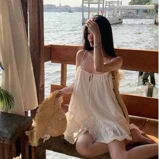 [TẶNG QUẦN/ SẴN]VÁY HAI DÂY BUỘC NƠ THÊU HOA SANG CHẢNH ĐI CHƠI ĐI BIỂN SIÊU XINH V28