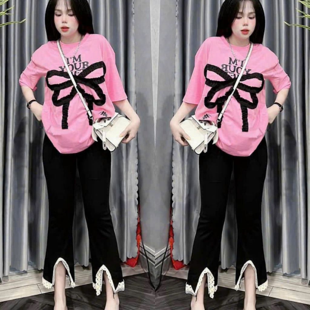 Đồ bộ nữ quần dài ống loe nơ viền ren ESHOP Đồ mặc nhà bigsize đẹp dễ thương đi chơi Xinh MS905