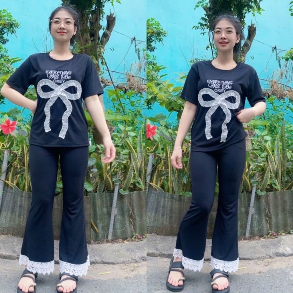 Đồ bộ nữ quần dài ống loe nơ viền ren ESHOP Đồ mặc nhà bigsize đẹp dễ thương đi chơi Xinh MS905