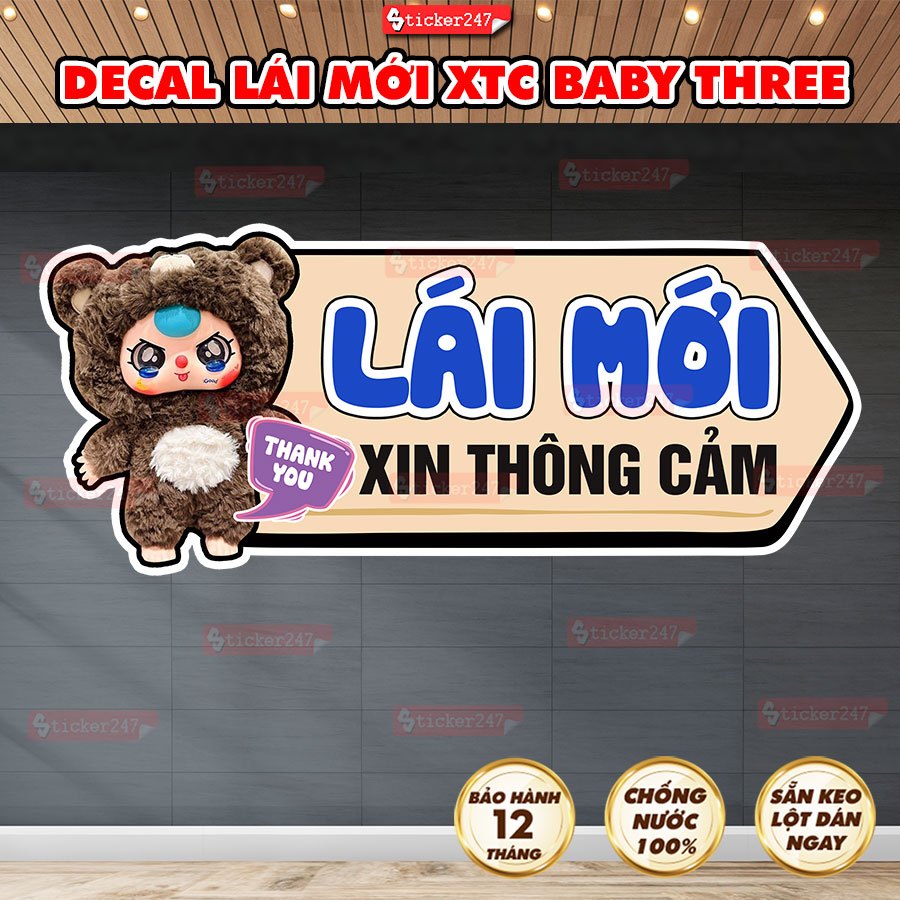 Sticker Lái Mới Xin Thông Cảm Baby Three Nâu Cute - Decal Lái Mới Tháo ...