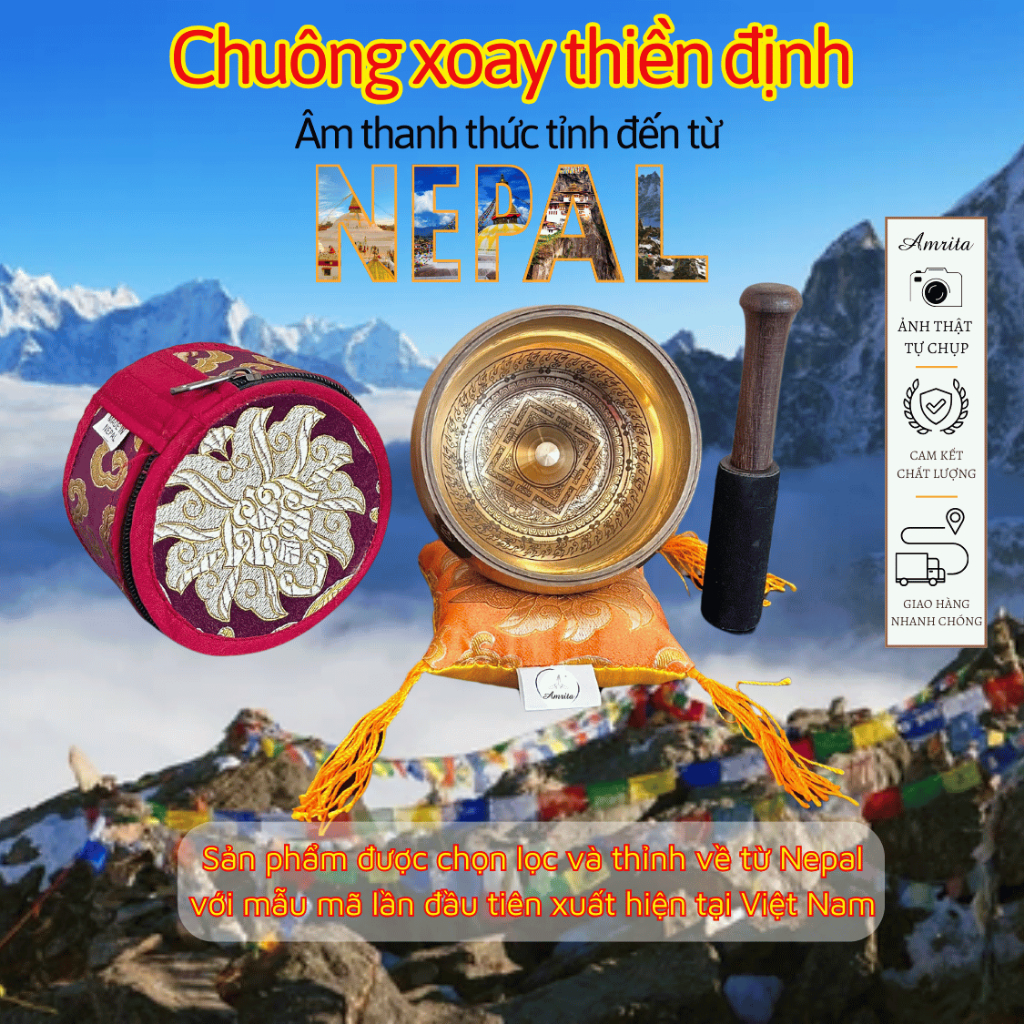 Bộ chuông xoay Nepal mini kết hợp tụng kinh và thiền định nhỏ gọn - Chuông đồng mini- Lingam Bolws - Phật Giáo Amrita