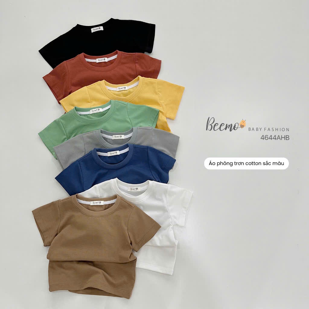 Áo phông cổ tròn basic trơn màu unisex cho bé, áo thun cộc tay cotton mềm mát