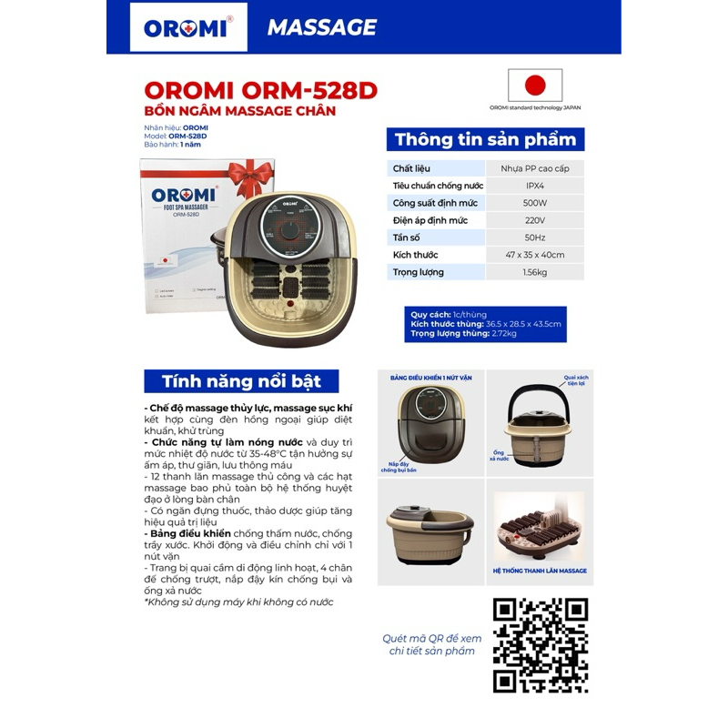 Bồn ngâm chân massage OROMI ORM-528D - Máy mát-xa chân cao cấp có sục khí