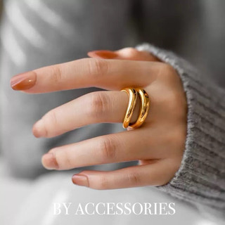 Nhẫn nữ titan kiểu phối 2 vòng bản to dợn sóng vintage cá tính mạ vàng 18K không gỉ