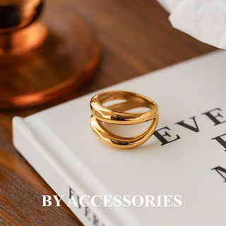 Nhẫn nữ titan kiểu phối 2 vòng bản to dợn sóng vintage cá tính mạ vàng 18K không gỉ