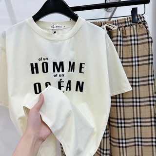 Set Bộ Đồ Nữ HOMME Áo Phông Thụng Ngắn Tay In Chữ Mix Quần Dài Kẻ Thô Mềm Ống Rộng