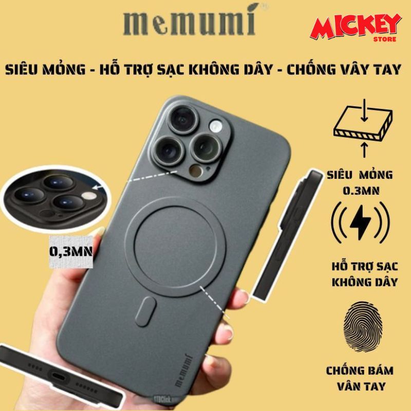 Ốp lưng siêu mỏng Memumi chống bám vây tay hỗ trợ sạc không dây IPhone 16pro 16promax bảo vệ camera