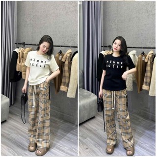 Set Bộ Đồ Nữ HOMME Áo Phông Thụng Ngắn Tay In Chữ Mix Quần Dài Kẻ Thô Mềm Ống Rộng