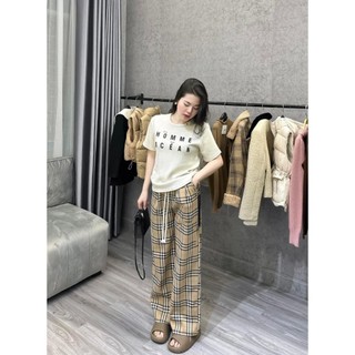 Set Bộ Đồ Nữ HOMME Áo Phông Thụng Ngắn Tay In Chữ Mix Quần Dài Kẻ Thô Mềm Ống Rộng