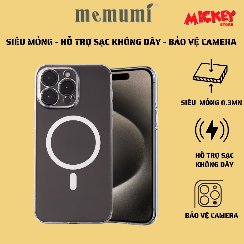 Ốp lưng Memumi siêu mỏng trong suốt không ố hỗ trợ sạc không dây IPhone 17Promax 14 15 16 Pro Plus