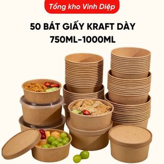 50 Bát Giấy Kraft Tròn Nâu 750/1000ml - Kèm Nắp, Chống Thấm, Đựng Mì/Phở/Bún/Cháo/Bông Lan