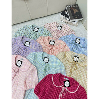 Đồ ngủ nữ 40-60kg, pijama dài cộc tay cổ sen đũi lạnh mềm mát 60CD22, đồ bộ nữ đồ mặc nhà tiểu thư caro dễ thương