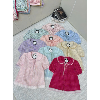 Đồ ngủ nữ 40-60kg, pijama dài cộc tay cổ sen đũi lạnh mềm mát 60CD22, đồ bộ nữ đồ mặc nhà tiểu thư caro dễ thương