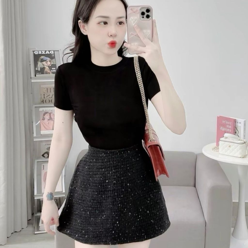 Áo thun nữ bigsize vải nhũ MỎNG ôm body co giãn ESHOP áo thun tay ngắn đẹp dễ thương cổ tròn MS061