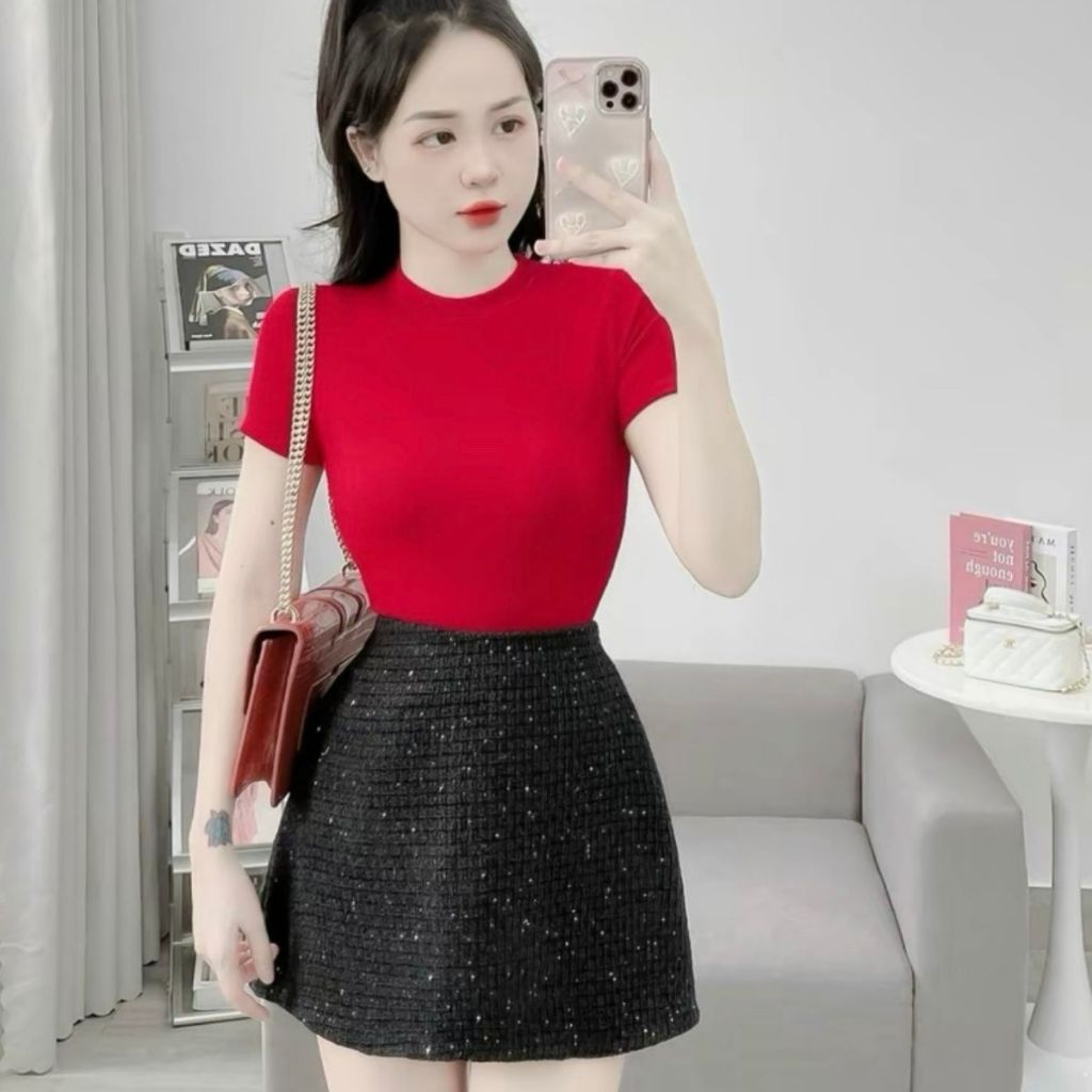 Áo thun nữ bigsize vải nhũ MỎNG ôm body co giãn ESHOP áo thun tay ngắn đẹp dễ thương cổ tròn MS061