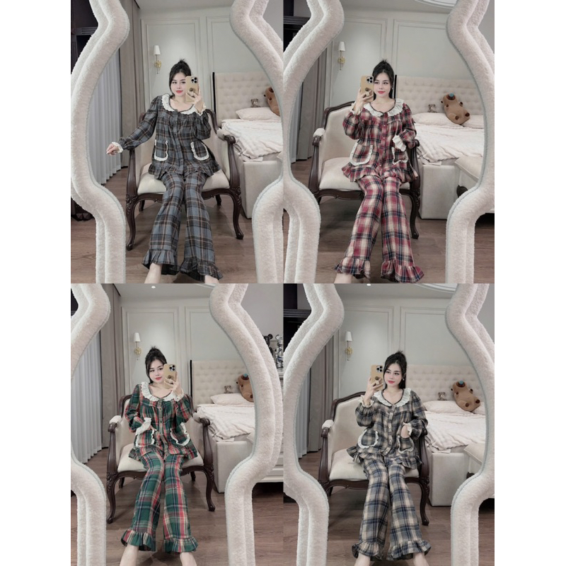 40-58kg Bộ pyjama nỉ dạ kẻ cổ ren tròn dễ thương dưới m6