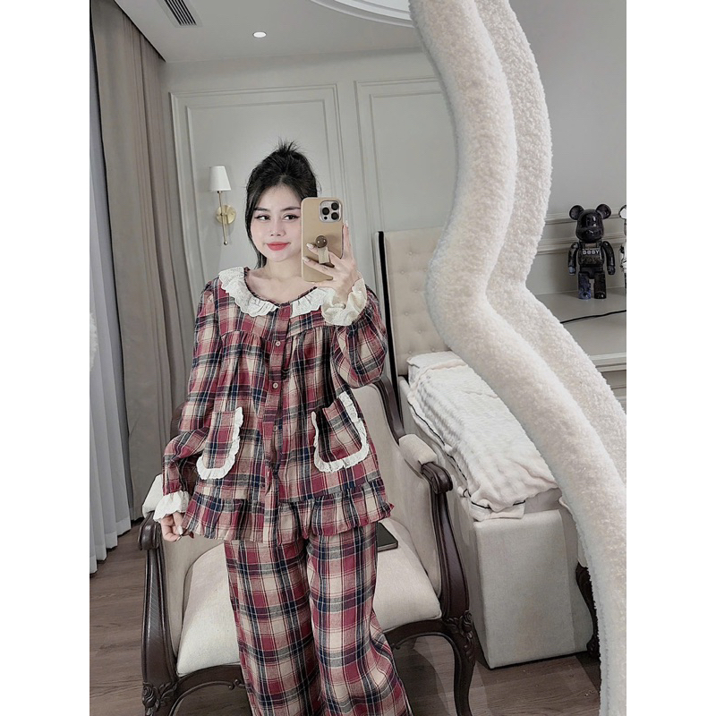 40-58kg Bộ pyjama nỉ dạ kẻ cổ ren tròn dễ thương dưới m6