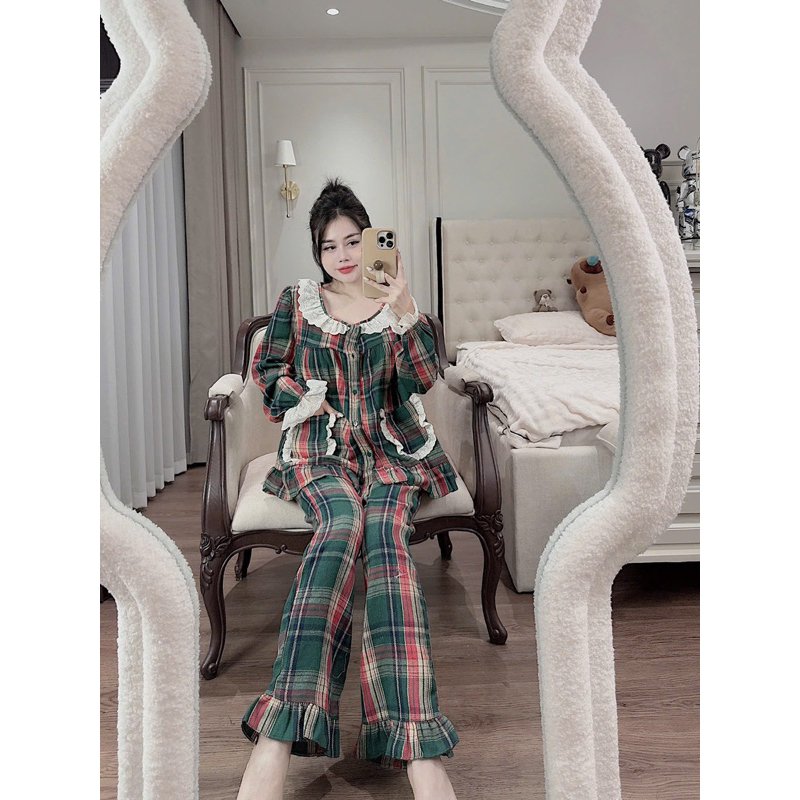 40-58kg Bộ pyjama nỉ dạ kẻ cổ ren tròn dễ thương dưới m6