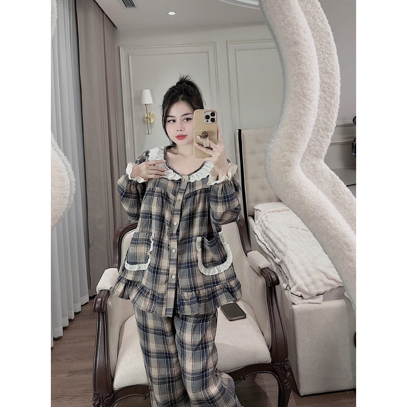 40-58kg Bộ pyjama nỉ dạ kẻ cổ ren tròn dễ thương dưới m6