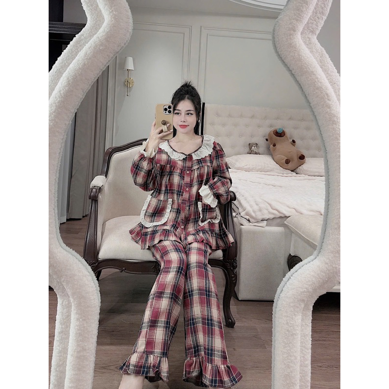 40-58kg Bộ pyjama nỉ dạ kẻ cổ ren tròn dễ thương dưới m6
