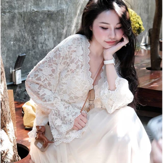 Áo ren dáng cardigan và chân váy lưới Nh60 tặng kèm áo quây thun tăm