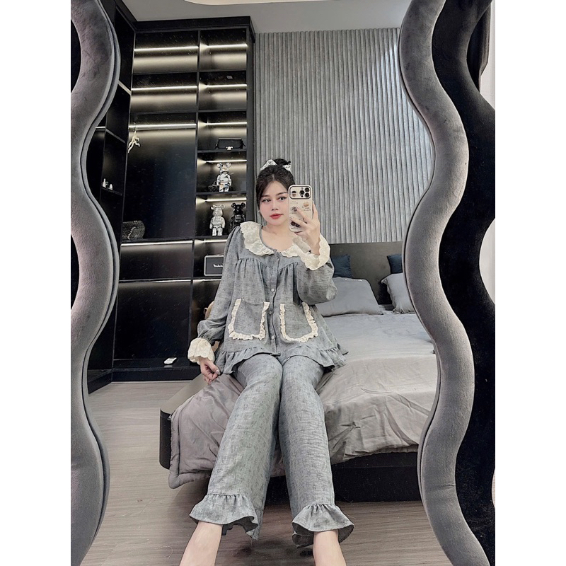 40-58kg Đồ bộ- set ngủ mặc nhà pijama tiểu thư chất Đũi thô mềm