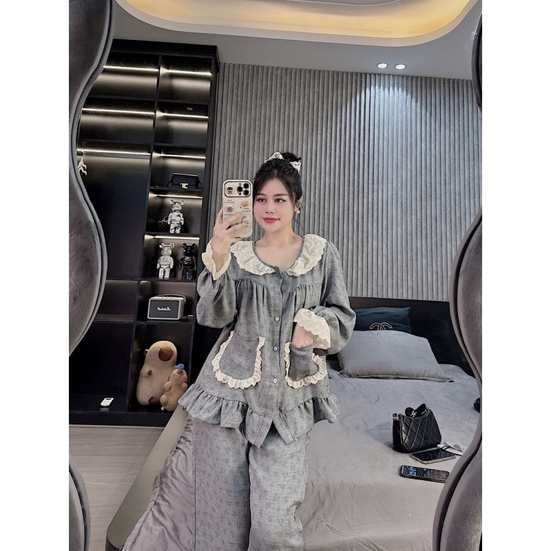 40-58kg Đồ bộ- set ngủ mặc nhà pijama tiểu thư chất Đũi thô mềm