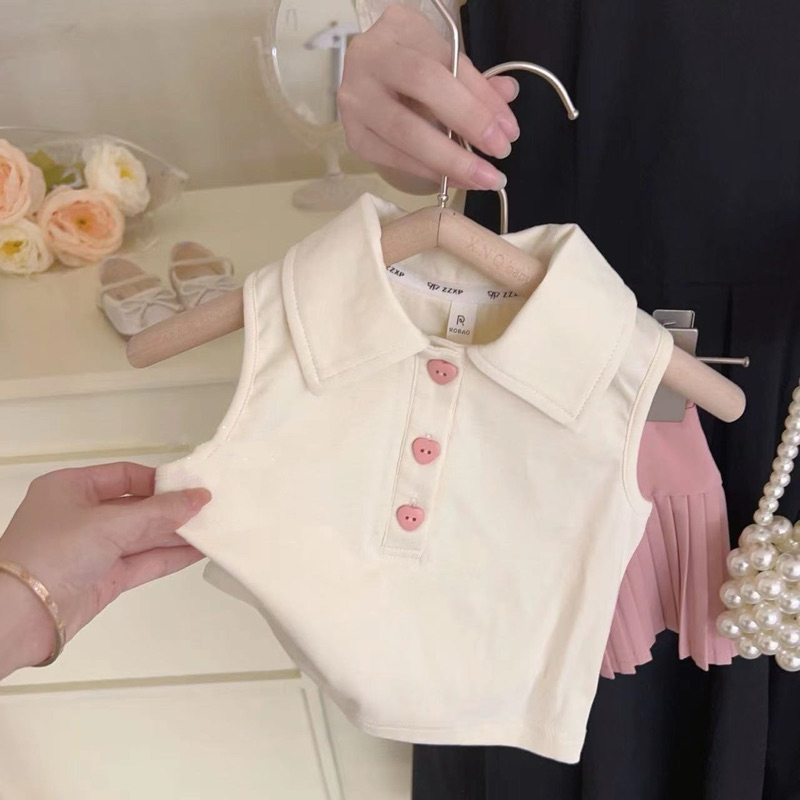 (Order) Áo sát nách khuy tim + chân váy tenis tiểu thư dành cho bé gái