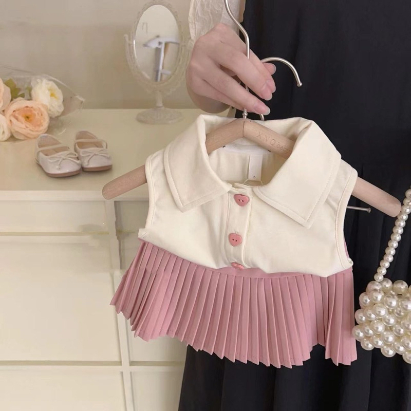 (Order) Áo sát nách khuy tim + chân váy tenis tiểu thư dành cho bé gái